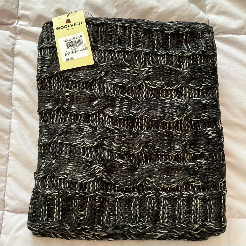 Woolrich Black and Gray Marled Cable Knit Scarf